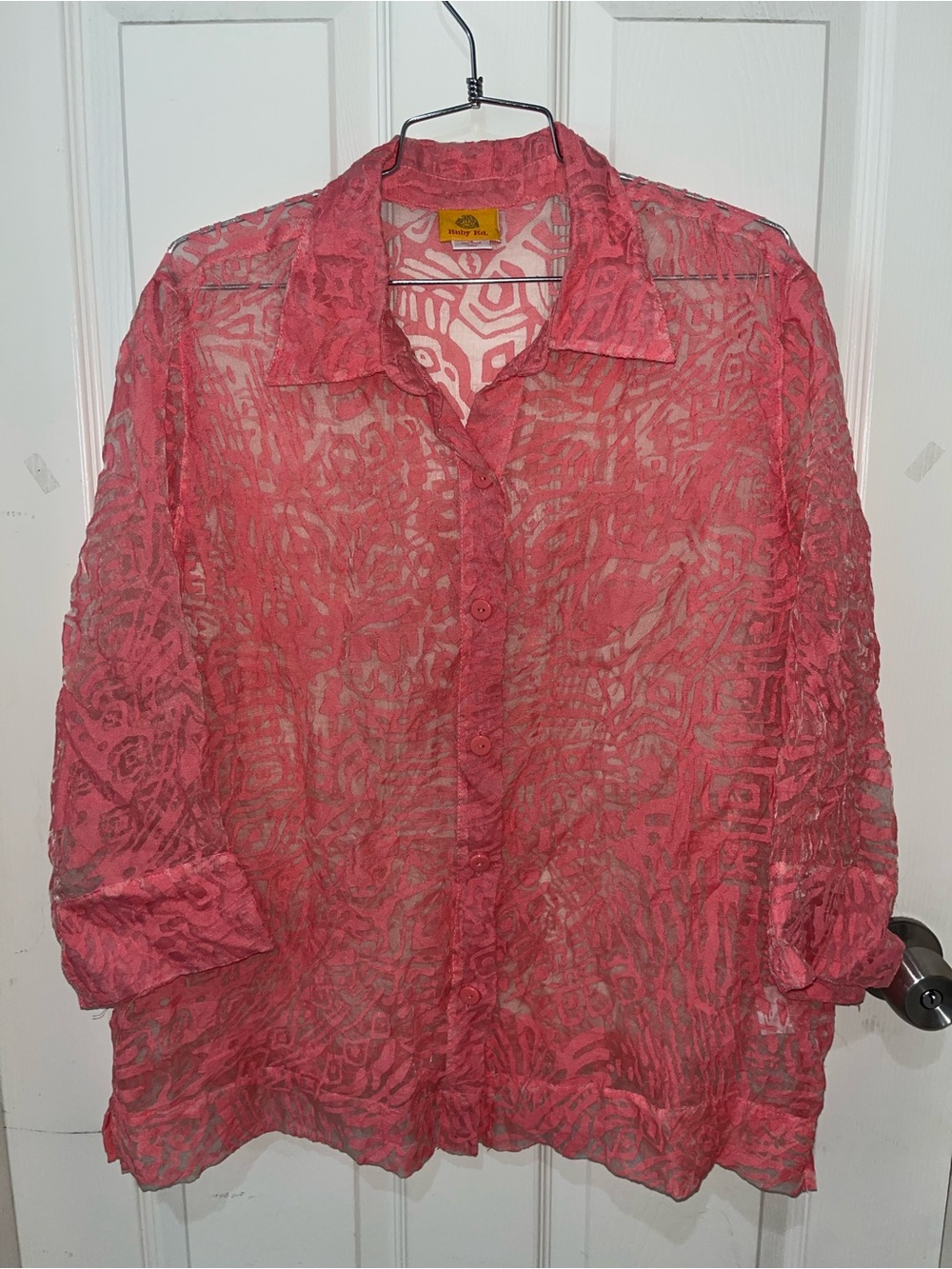 Ruby Rd. Sheer Textured Button-Down Shirt in Coral Pink